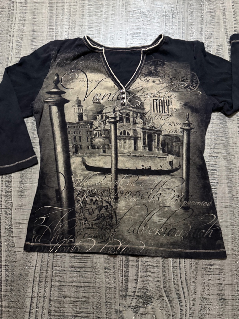 Black Graphic Long-Sleeve Top with Architectural Print